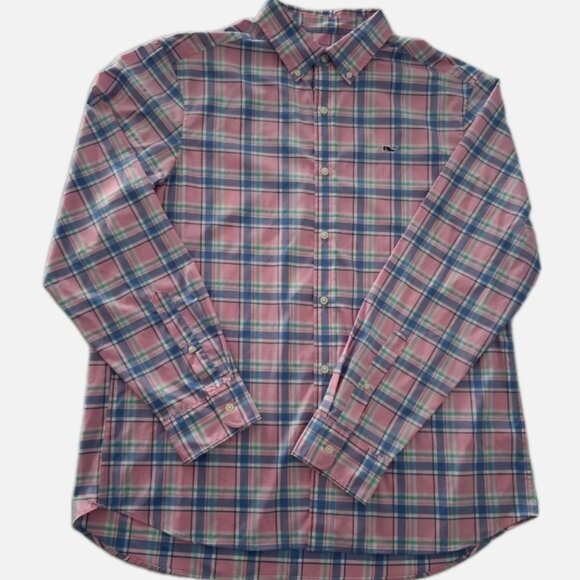 Vineyard Vines Button Shirt Mens Large Blue Pink Plaid Performance Classic Logo - Picture 1 of 10